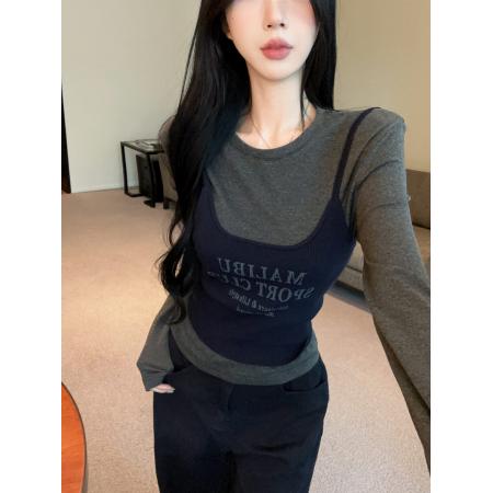 辣妹纯色长袖T恤显瘦打底衫字母印花吊带背心两件套装 服裝批發女裝批發服飾貨源