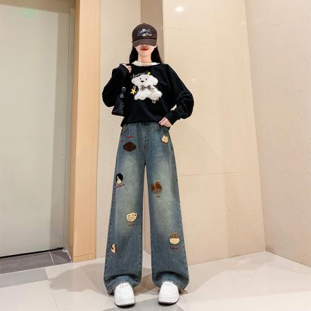 可爱牛仔长裤宽松紧高腰直筒阔腿裤显瘦裤加肥大码女装230斤 服裝批發女裝批發服飾貨源