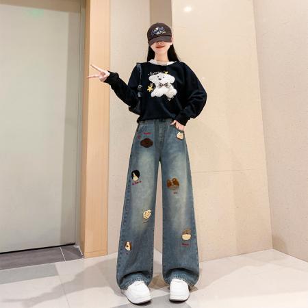 可爱牛仔长裤宽松紧高腰直筒阔腿裤显瘦裤加肥大码女装230斤 服裝批發女裝批發服飾貨源