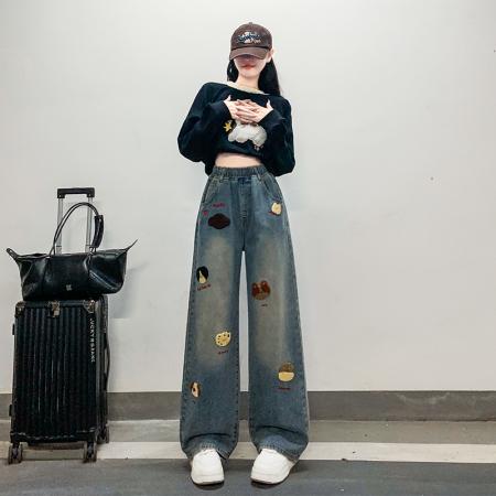 可爱牛仔长裤宽松紧高腰直筒阔腿裤显瘦裤加肥大码女装230斤 服裝批發女裝批發服飾貨源