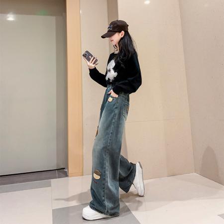 可爱牛仔长裤宽松紧高腰直筒阔腿裤显瘦裤加肥大码女装230斤 服裝批發女裝批發服飾貨源