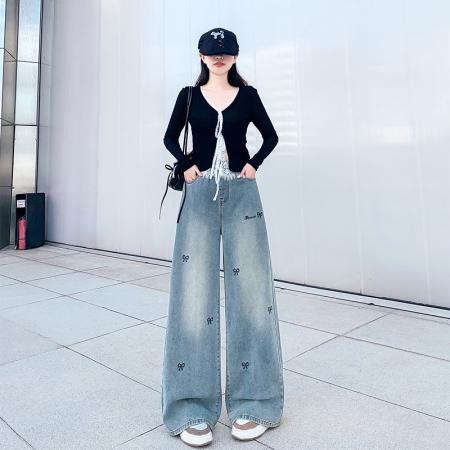刺绣蝴蝶结牛仔长裤宽松紧高腰直筒阔腿显瘦加大码女装230斤 服裝批發女裝批發服飾貨源