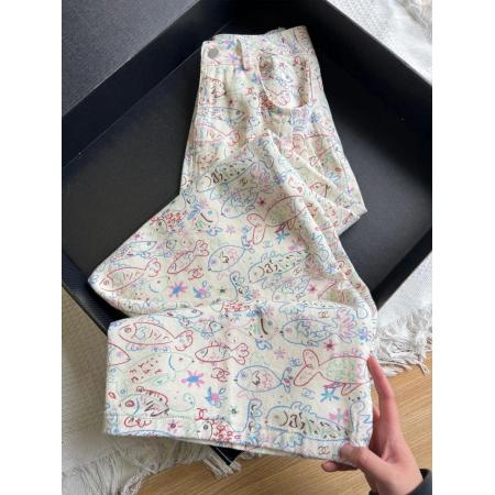 美式复古小鱼印花牛仔裤女春秋新款高腰宽松阔腿拖地裤子潮 服裝批發女裝批發服飾貨源
