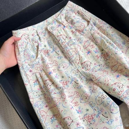 美式复古小鱼印花牛仔裤女春秋新款高腰宽松阔腿拖地裤子潮 服裝批發女裝批發服飾貨源