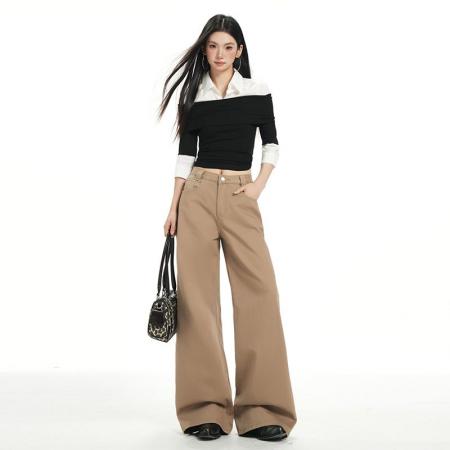 美式复古拿铁棕宽松阔腿百搭显瘦秋冬新款拖地牛仔裤子女 服裝批發女裝批發服飾貨源