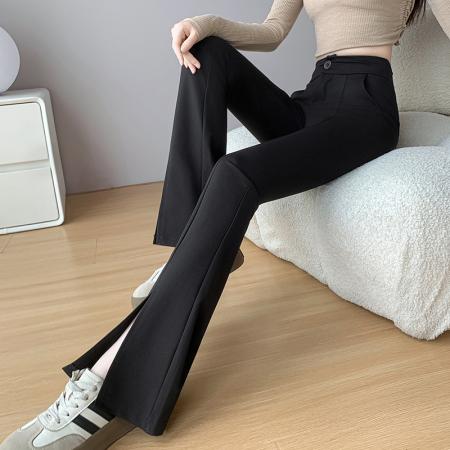 黑色开叉喇叭裤女新款秋冬小个子显瘦弹力微喇叭裤子 服裝批發女裝批發服飾貨源