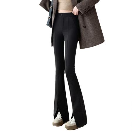 黑色开叉喇叭裤女新款秋冬小个子显瘦弹力微喇叭裤子 服裝批發女裝批發服飾貨源