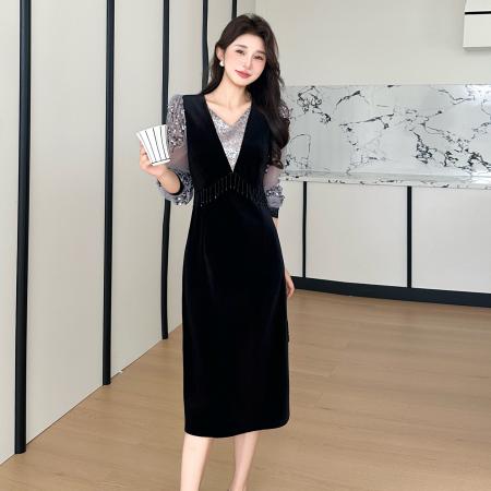 FA42902# 秋冬大码亮片拼接丝绒钉珠优雅气质连衣裙 服裝批發女裝批發服飾貨源