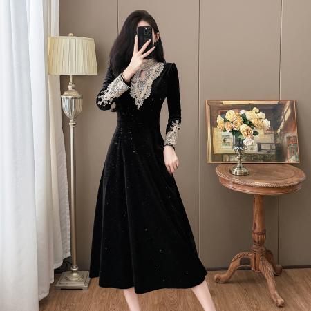 秋冬大码赫本风法式高级感亮片丝绒大摆连衣裙 服裝批發女裝批發服飾貨源