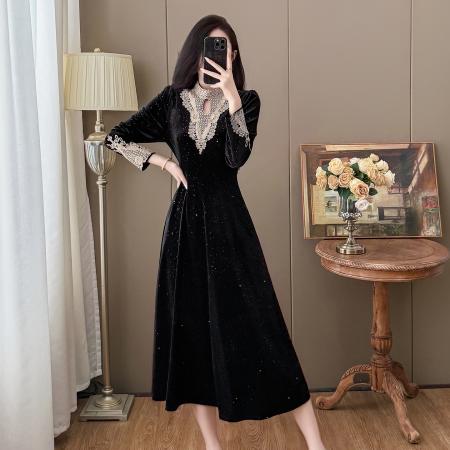 秋冬大码赫本风法式高级感亮片丝绒大摆连衣裙 服裝批發女裝批發服飾貨源