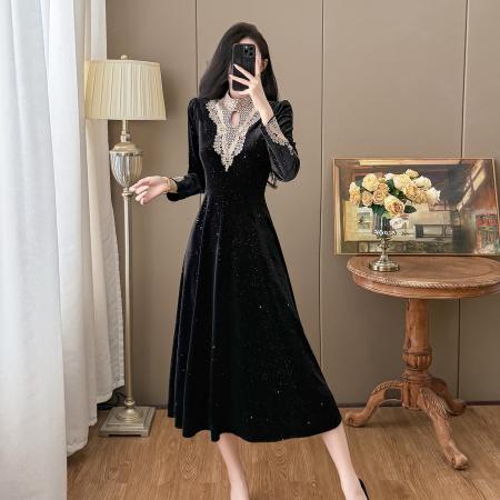 秋冬大码赫本风法式高级感亮片丝绒大摆连衣裙 服裝批發女裝批發服飾貨源