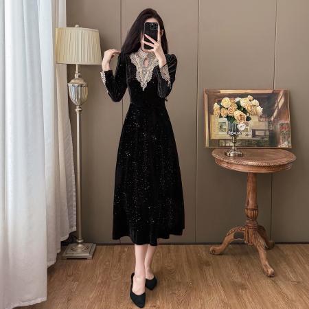 秋冬大码赫本风法式高级感亮片丝绒大摆连衣裙 服裝批發女裝批發服飾貨源