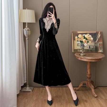 秋冬大码赫本风法式高级感亮片丝绒大摆连衣裙 服裝批發女裝批發服飾貨源