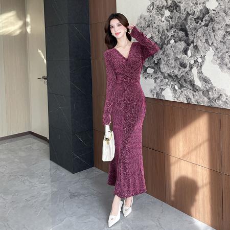 视频秋冬季新款亮丝v领弹力高端长裙包臀连衣裙 服裝批發女裝批發服飾貨源