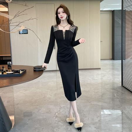 视频秋冬季撞色开叉长裙包臀连衣裙 服裝批發女裝批發服飾貨源