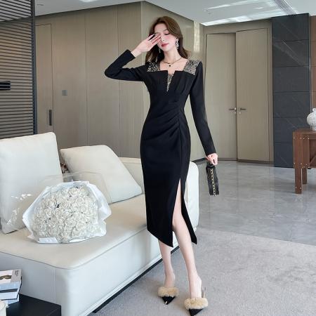 视频秋冬季撞色开叉长裙包臀连衣裙 服裝批發女裝批發服飾貨源