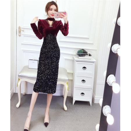秋冬时髦洋气金丝绒网纱拼接v领礼服长裙包臀连衣裙 服裝批發女裝批發服飾貨源
