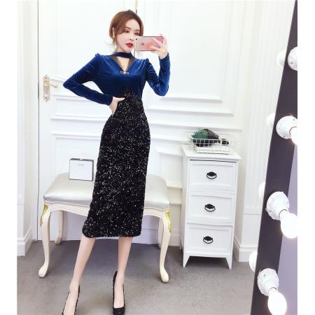 秋冬时髦洋气金丝绒网纱拼接v领礼服长裙包臀连衣裙 服裝批發女裝批發服飾貨源