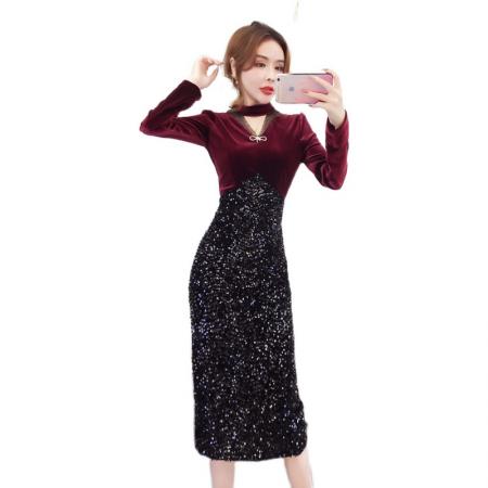秋冬时髦洋气金丝绒网纱拼接v领礼服长裙包臀连衣裙 服裝批發女裝批發服飾貨源