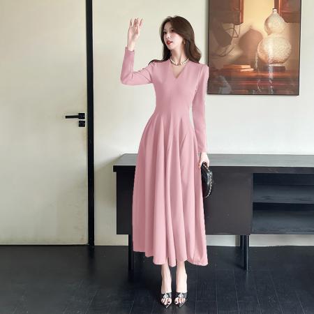 视频秋冬季新款时尚气质网红收腰大摆长裙显瘦连衣裙 服裝批發女裝批發服飾貨源