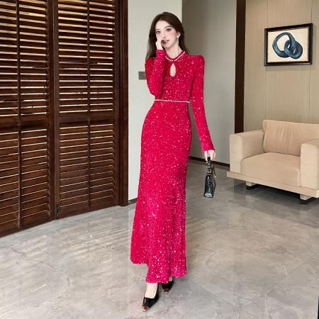 视频秋冬季新款时尚网红亮片金丝绒长裙包臀连衣裙 服裝批發女裝批發服飾貨源