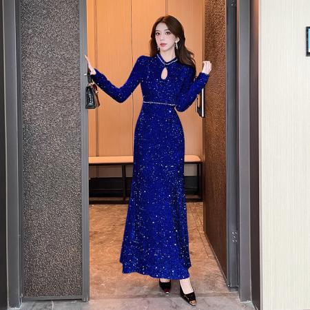 视频秋冬季新款时尚网红亮片金丝绒长裙包臀连衣裙 服裝批發女裝批發服飾貨源
