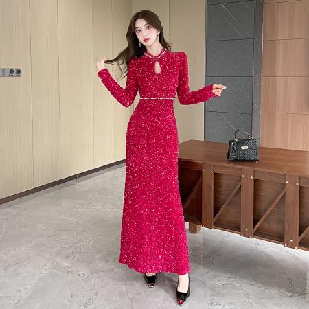 视频秋冬季新款时尚网红亮片金丝绒长裙包臀连衣裙 服裝批發女裝批發服飾貨源