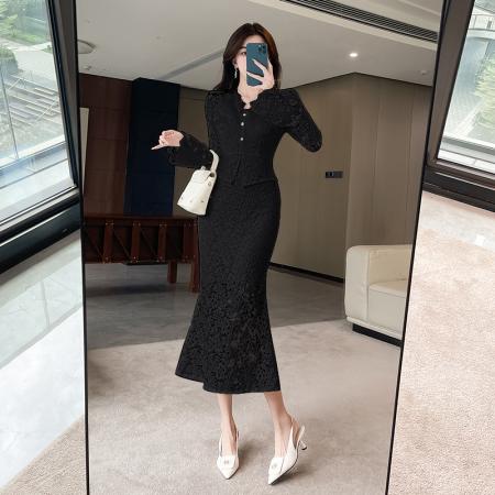 FA42919# 视频秋冬季新款蕾丝v领长裙荷叶边包臀连衣裙 服裝批發女裝批發服飾貨源