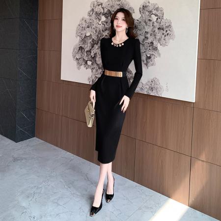 FA42922# 视频秋冬季新款收腰中长裙紧身包臀连衣裙 服裝批發女裝批發服飾貨源