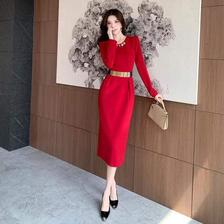 FA42922# 视频秋冬季新款收腰中长裙紧身包臀连衣裙 服裝批發女裝批發服飾貨源