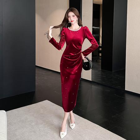 视频秋季新款时尚秋季金丝绒长裙包臀连衣裙 服裝批發女裝批發服飾貨源