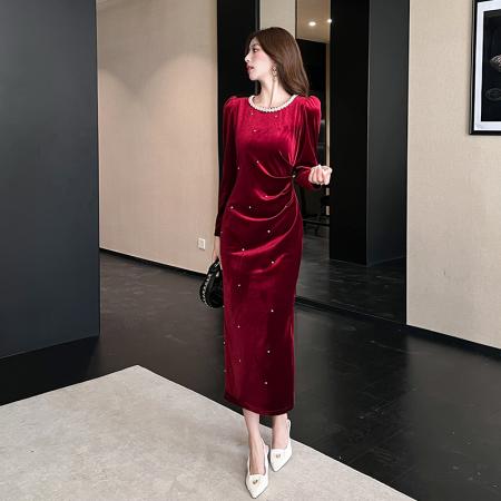 视频秋季新款时尚秋季金丝绒长裙包臀连衣裙 服裝批發女裝批發服飾貨源