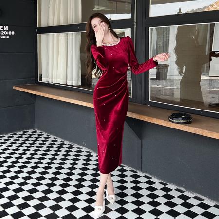 视频秋季新款时尚秋季金丝绒长裙包臀连衣裙 服裝批發女裝批發服飾貨源