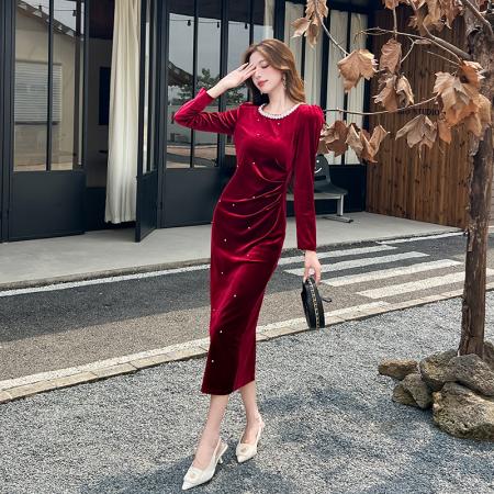 视频秋季新款时尚秋季金丝绒长裙包臀连衣裙 服裝批發女裝批發服飾貨源