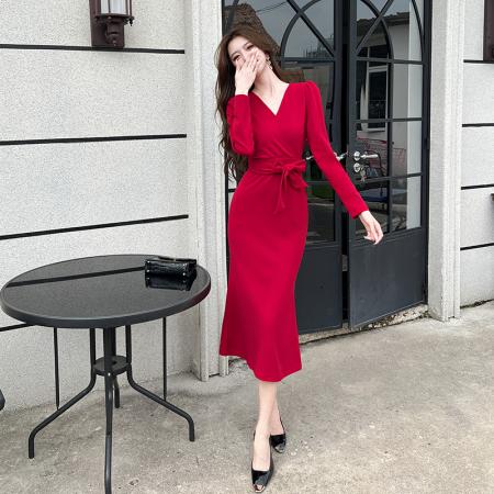 视频网红时尚气质显瘦长裙收腰连衣裙 服裝批發女裝批發服飾貨源