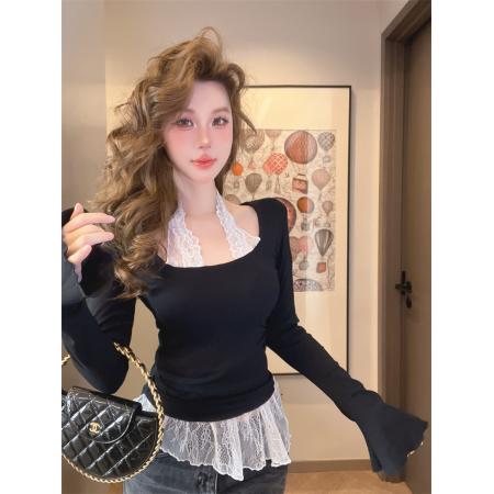 FA42932# 设计感假两件拼接蕾丝修身显瘦纯棉上衣女 服裝批發女裝批發服飾貨源
