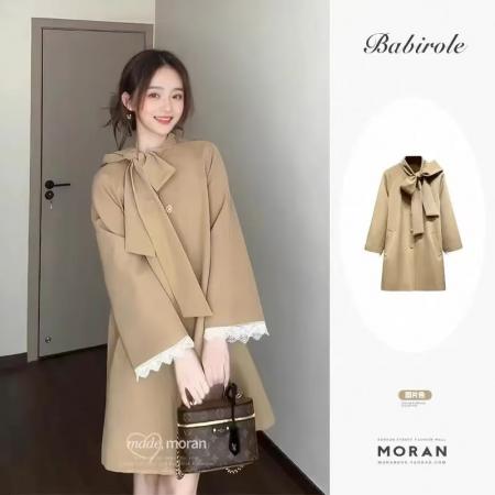 FA42939# 原版质量法式复古蝴蝶结系带风衣外套女新款小个子气质高级感大衣 服裝批發女裝批發服飾貨源