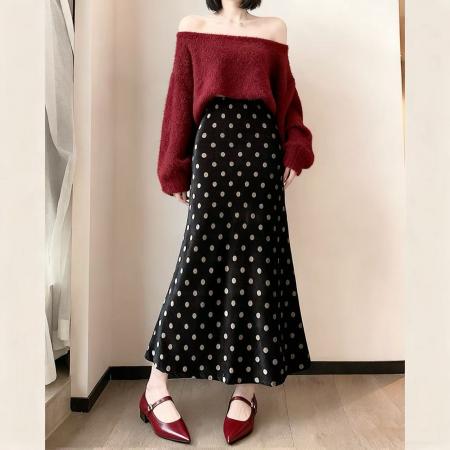 FA42943# 黑色波点丝绒鱼尾裙女秋季新款小个子a字裙高腰显瘦包臀长裙 服裝批發女裝批發服飾貨源