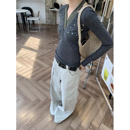 FA42953# 挂脖假两件长袖上衣女设计感小众初秋V领彩钻修身打底衫 服裝批發女裝批發服飾貨源