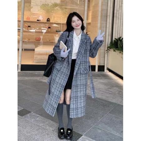 FA42960# 韩系秋冬设计感格纹拼接长款夹棉呢子大衣英伦风时尚格子宽松外套 服裝批發女裝批發服飾貨源