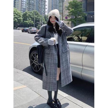 FA42960# 韩系秋冬设计感格纹拼接长款夹棉呢子大衣英伦风时尚格子宽松外套 服裝批發女裝批發服飾貨源