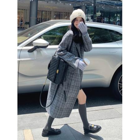 FA42960# 韩系秋冬设计感格纹拼接长款夹棉呢子大衣英伦风时尚格子宽松外套 服裝批發女裝批發服飾貨源