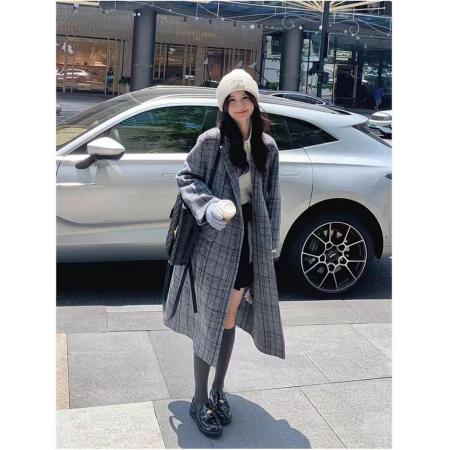 FA42960# 韩系秋冬设计感格纹拼接长款夹棉呢子大衣英伦风时尚格子宽松外套 服裝批發女裝批發服飾貨源
