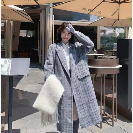 FA42960# 韩系秋冬设计感格纹拼接长款夹棉呢子大衣英伦风时尚格子宽松外套 服裝批發女裝批發服飾貨源