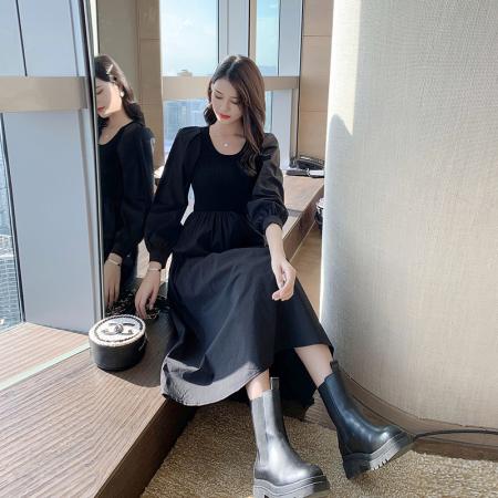 FA42962# 秋季赫本风黑色假两件连衣裙女中长款针织拼接减龄显瘦打底裙 服裝批發女裝批發服飾貨源