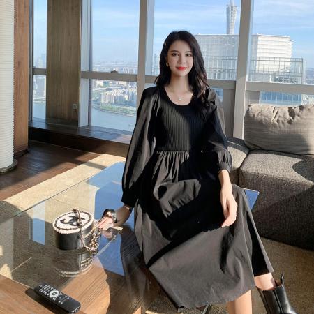 FA42962# 秋季赫本风黑色假两件连衣裙女中长款针织拼接减龄显瘦打底裙 服裝批發女裝批發服飾貨源