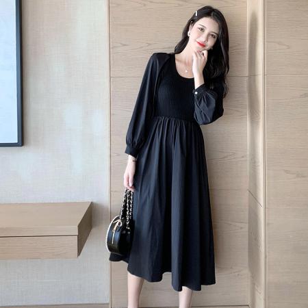 FA42962# 秋季赫本风黑色假两件连衣裙女中长款针织拼接减龄显瘦打底裙 服裝批發女裝批發服飾貨源