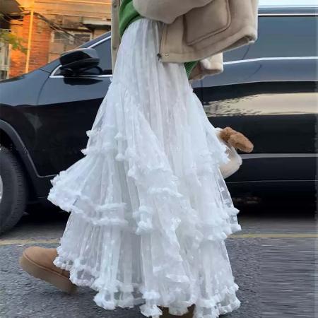 FA42990# 白色蕾丝半身裙女秋冬新款a字纱裙甜美公主蓬蓬蛋糕长裙 服裝批發女裝批發服飾貨源