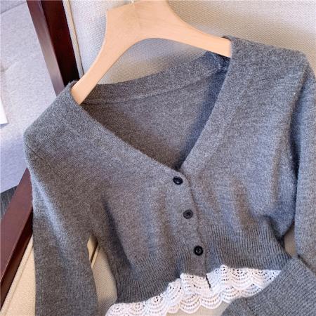 FA43007# 乖乖白蕾丝边长袖毛衣上衣短裤秋季灰色针织套装 服裝批發女裝批發服飾貨源