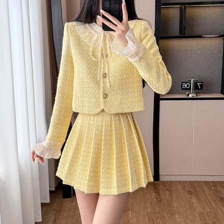 FA43010# 小香风秋冬时尚大方搭配一整套装裙女新款加百褶半身裙两件套 服裝批發女裝批發服飾貨源